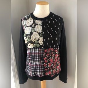Sam‎ Edelman Crewneck Sweater Size Medium Black Quilt Floral Plaid